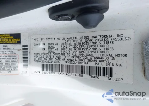 2005 Toyota Tacoma z USA, uszkodzony, nr VIN 5TENX22N25Z141925